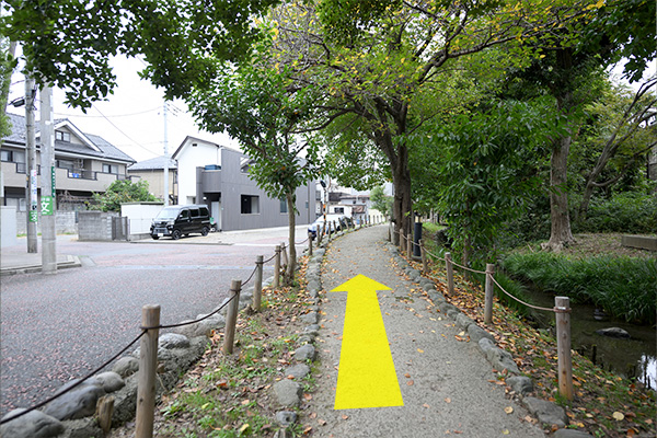 ほほえみ橋を渡り、向島用水親水路に入る